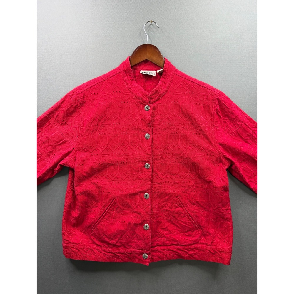 Chico's Design Jacket Womens Red Embroidered Eyelet Cotton Button Up Size 3 - Picture 2 of 8